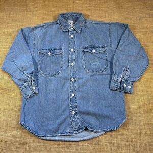 Vintage 80s Woman's Dockers Denim Long Sleeve Shirt Embroidered Logo Size Large